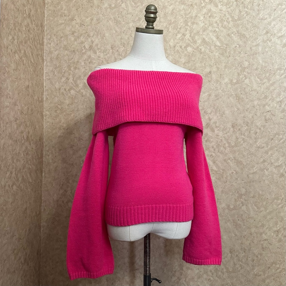 Hot Pink Fold Over Flare Sleeve Chunky Knit Sweater - Picture 4 of 7